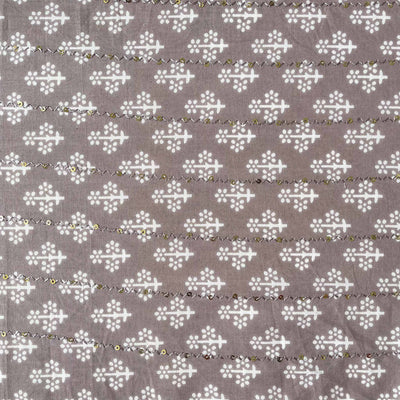 Hand Block Printed Cotton Fabric Cut Piece (CUT PIECE) Grey & White Abstract Floral Hand Block Printed Sequence Embroidered Pure Cotton Fabric (Width 42 Inches)