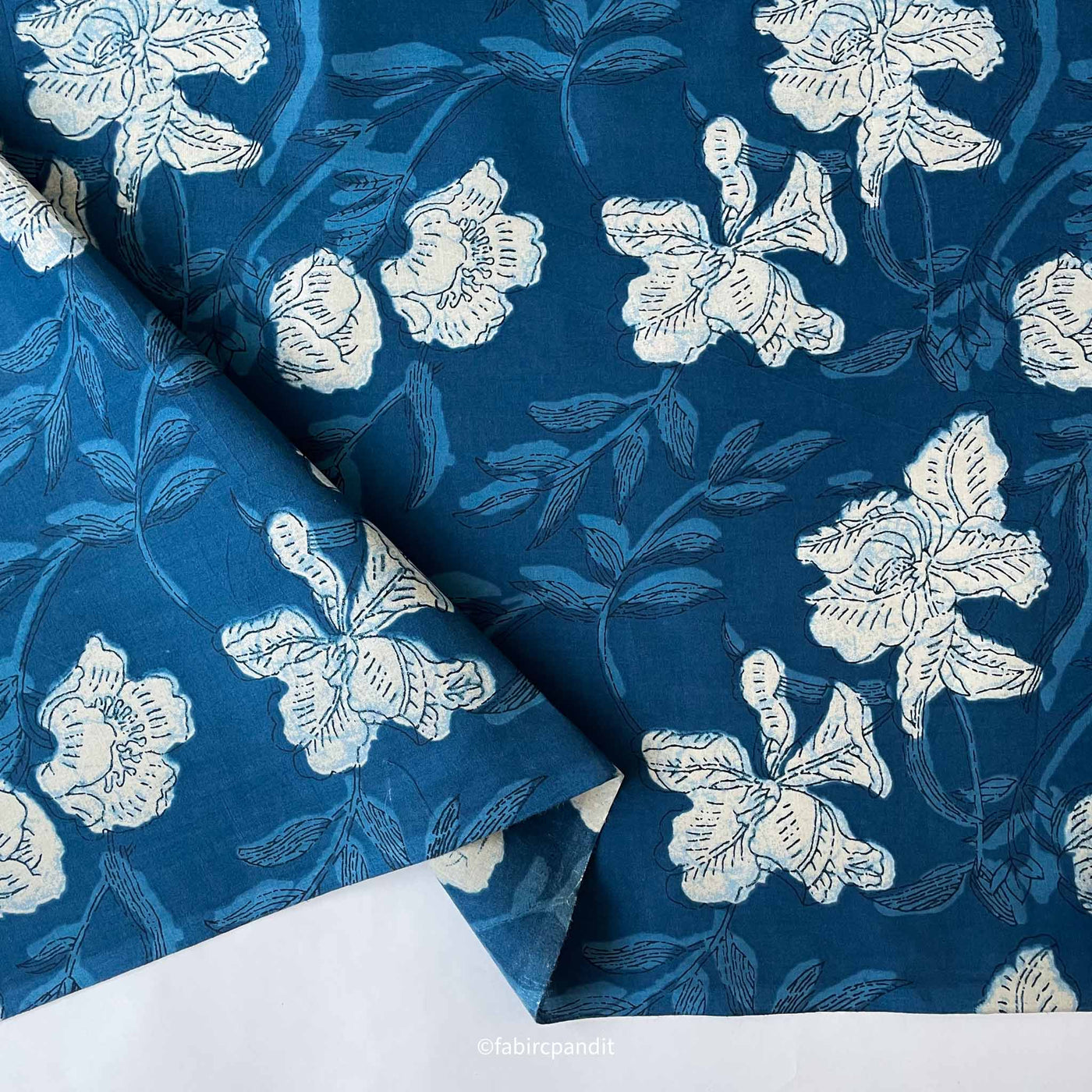 Hand Block Printed Cotton Fabric Cut Piece (CUT PIECE) Indigo Blue and White Abstract Floral Hand Block Printed Pure Cotton Fabric (Width 43 inches)