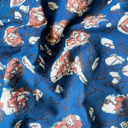 Hand Block Printed Cotton Fabric Cut Piece (CUT PIECE) Indigo Blue & Red Abstract Floral Hand Block Printed Pure Cotton Fabric (Width 42 inches)