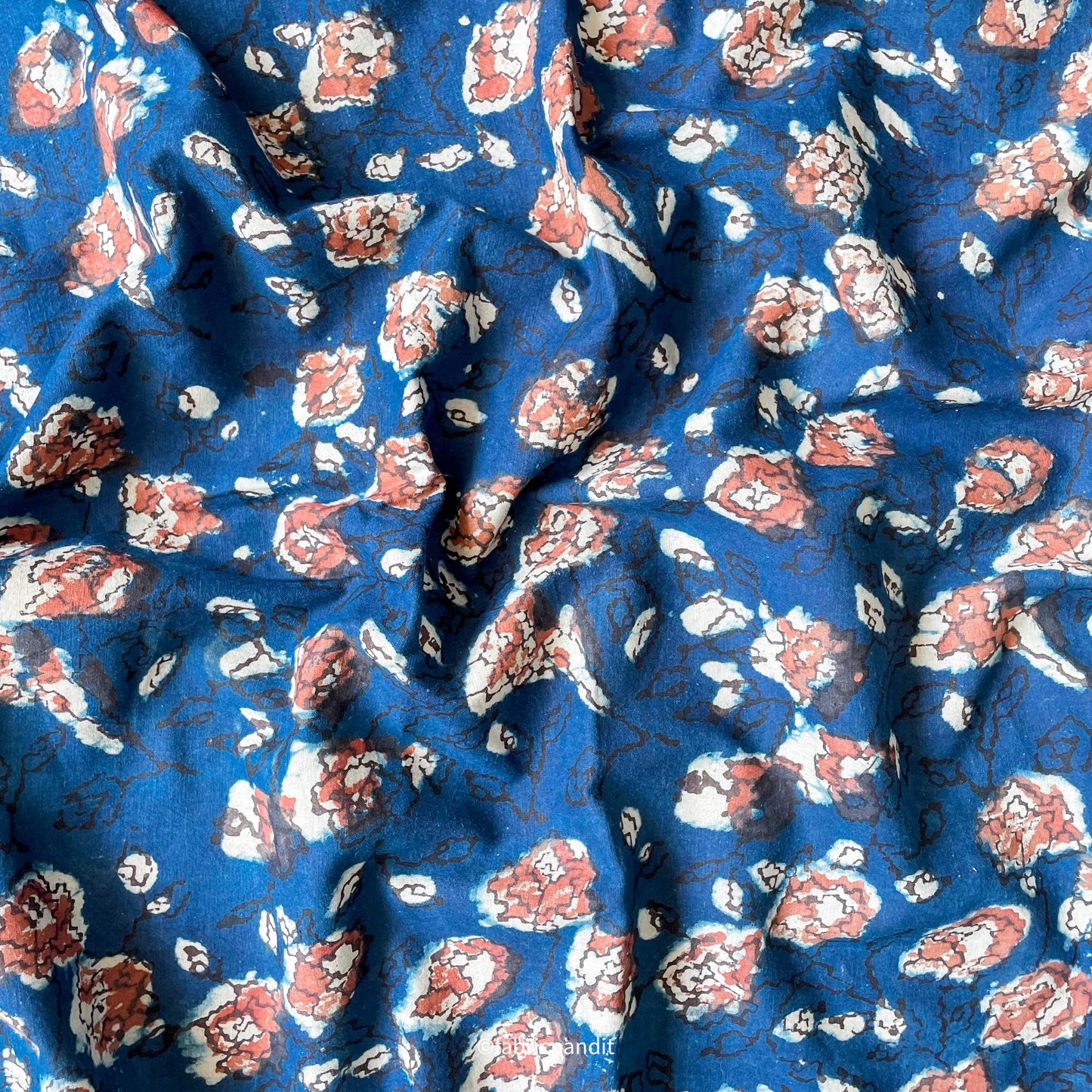 Hand Block Printed Cotton Fabric Cut Piece (CUT PIECE) Indigo Blue & Red Abstract Floral Hand Block Printed Pure Cotton Fabric (Width 42 inches)