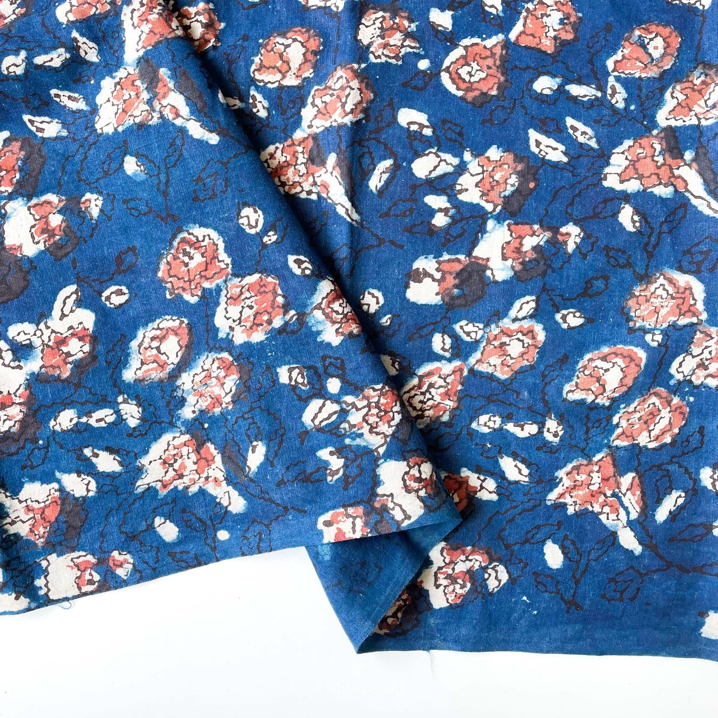 Hand Block Printed Cotton Fabric Cut Piece (CUT PIECE) Indigo Blue & Red Abstract Floral Hand Block Printed Pure Cotton Fabric (Width 42 inches)