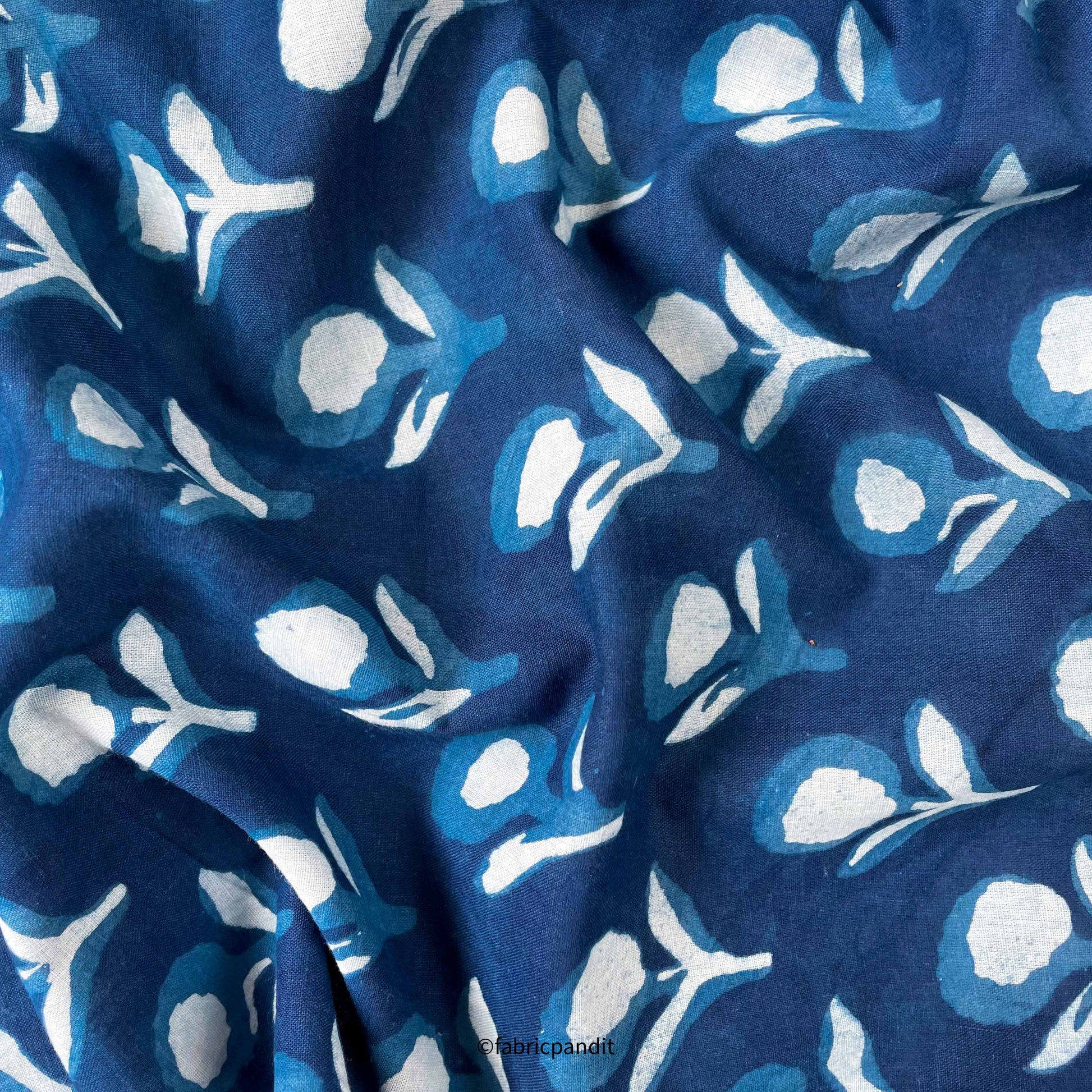 Hand Block Printed Cotton Fabric Cut Piece (CUT PIECE) Indigo Dabu Natural Dyed Abstract Roses Hand Block Printed Pure Cotton Modal Fabric (Width 42 inches)