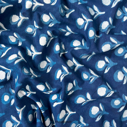 Hand Block Printed Cotton Fabric Cut Piece (CUT PIECE) Indigo Dabu Natural Dyed Abstract Roses Hand Block Printed Pure Cotton Modal Fabric (Width 42 inches)