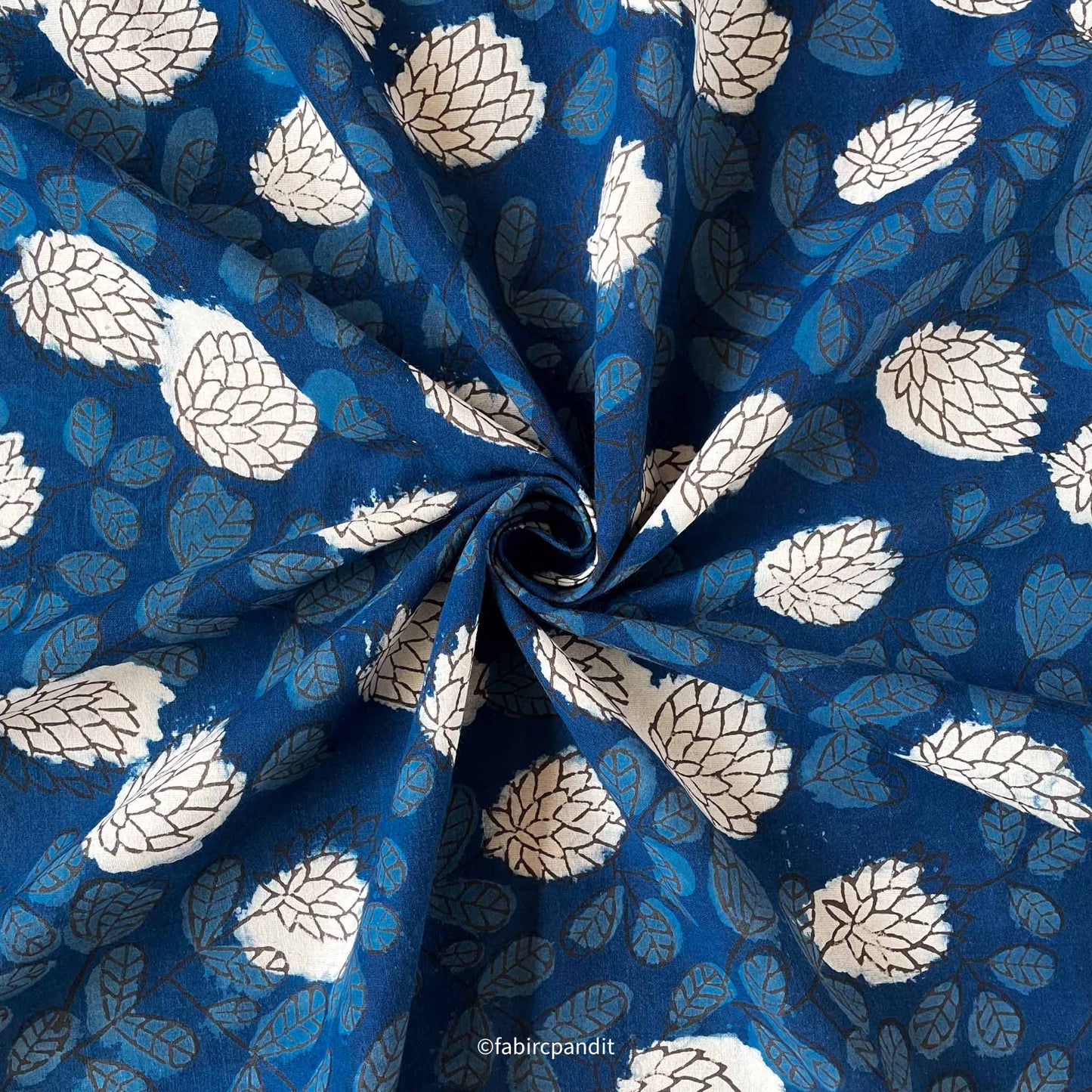 Hand Block Printed Cotton Fabric Cut Piece (CUT PIECE) Indigo Dabu Natural Dyed Autumn Leaves Hand Block Printed Pure Cotton Fabric (Width 43 inches)