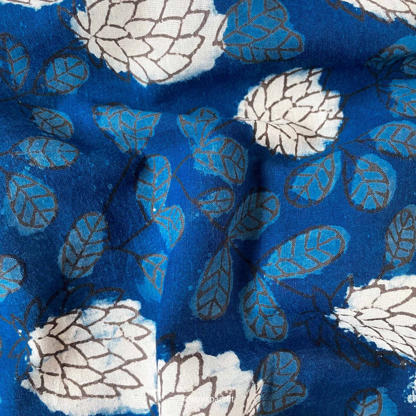 Hand Block Printed Cotton Fabric Cut Piece (CUT PIECE) Indigo Dabu Natural Dyed Autumn Leaves Hand Block Printed Pure Cotton Fabric (Width 43 inches)