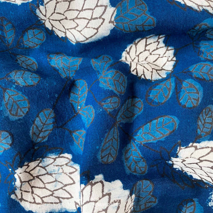 Hand Block Printed Cotton Fabric Cut Piece (CUT PIECE) Indigo Dabu Natural Dyed Autumn Leaves Hand Block Printed Pure Cotton Fabric (Width 43 inches)