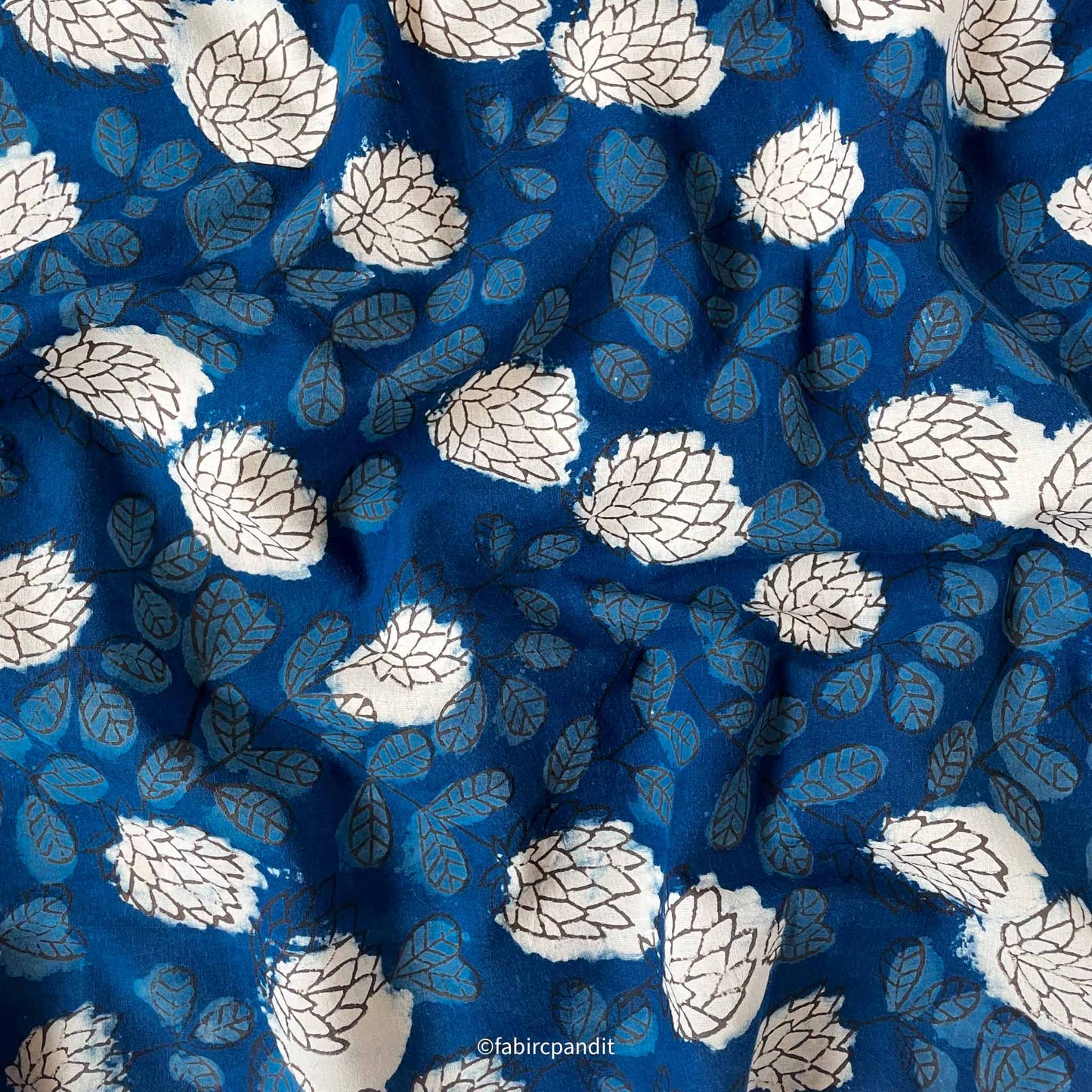 Hand Block Printed Cotton Fabric Cut Piece (CUT PIECE) Indigo Dabu Natural Dyed Autumn Leaves Hand Block Printed Pure Cotton Fabric (Width 43 inches)