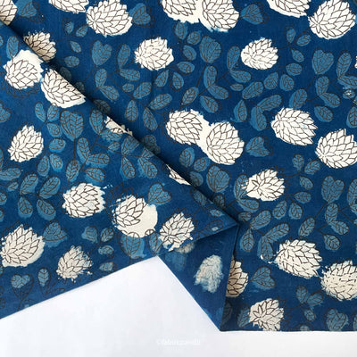 Hand Block Printed Cotton Fabric Cut Piece (CUT PIECE) Indigo Dabu Natural Dyed Autumn Leaves Hand Block Printed Pure Cotton Fabric (Width 43 inches)