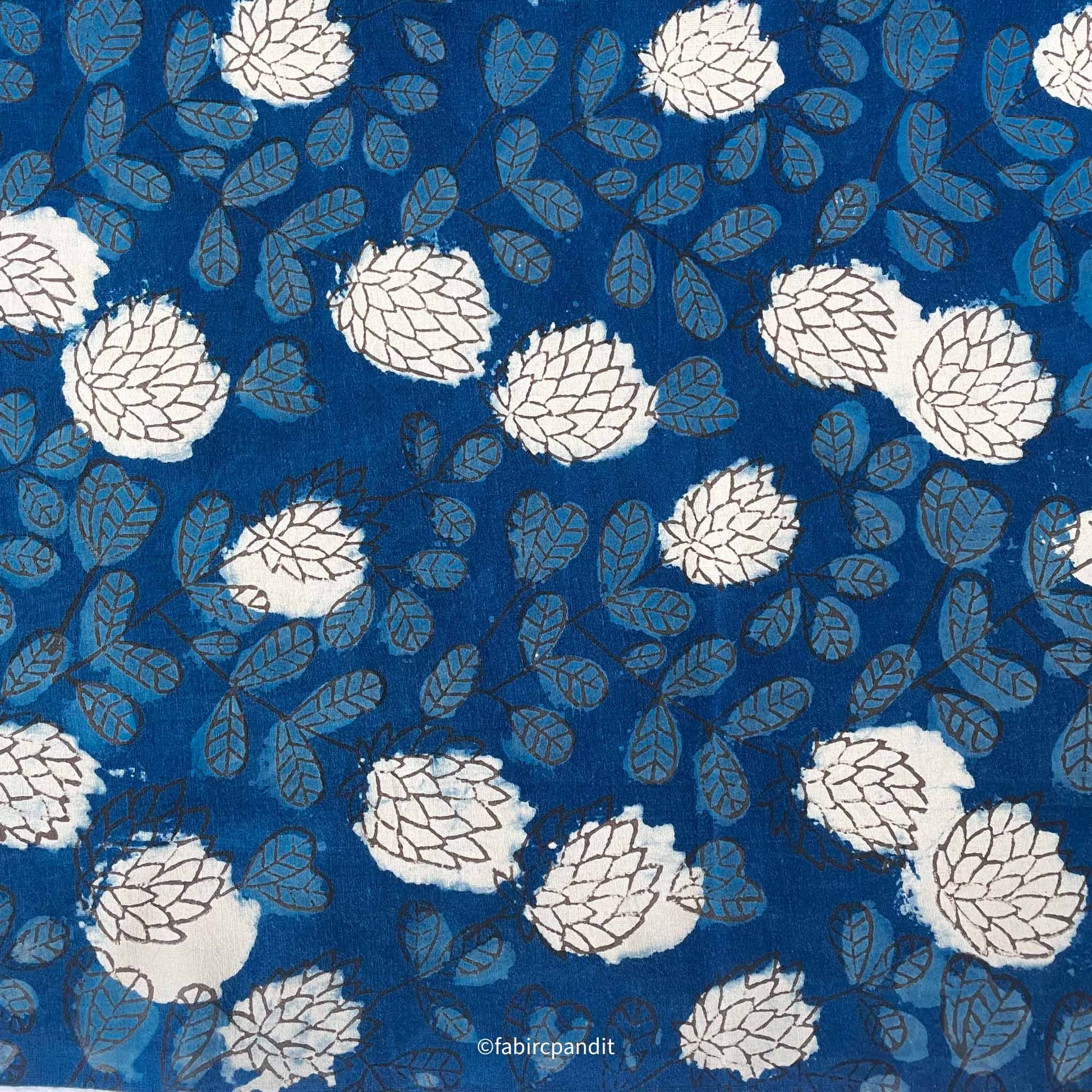 Hand Block Printed Cotton Fabric Cut Piece (CUT PIECE) Indigo Dabu Natural Dyed Autumn Leaves Hand Block Printed Pure Cotton Fabric (Width 43 inches)