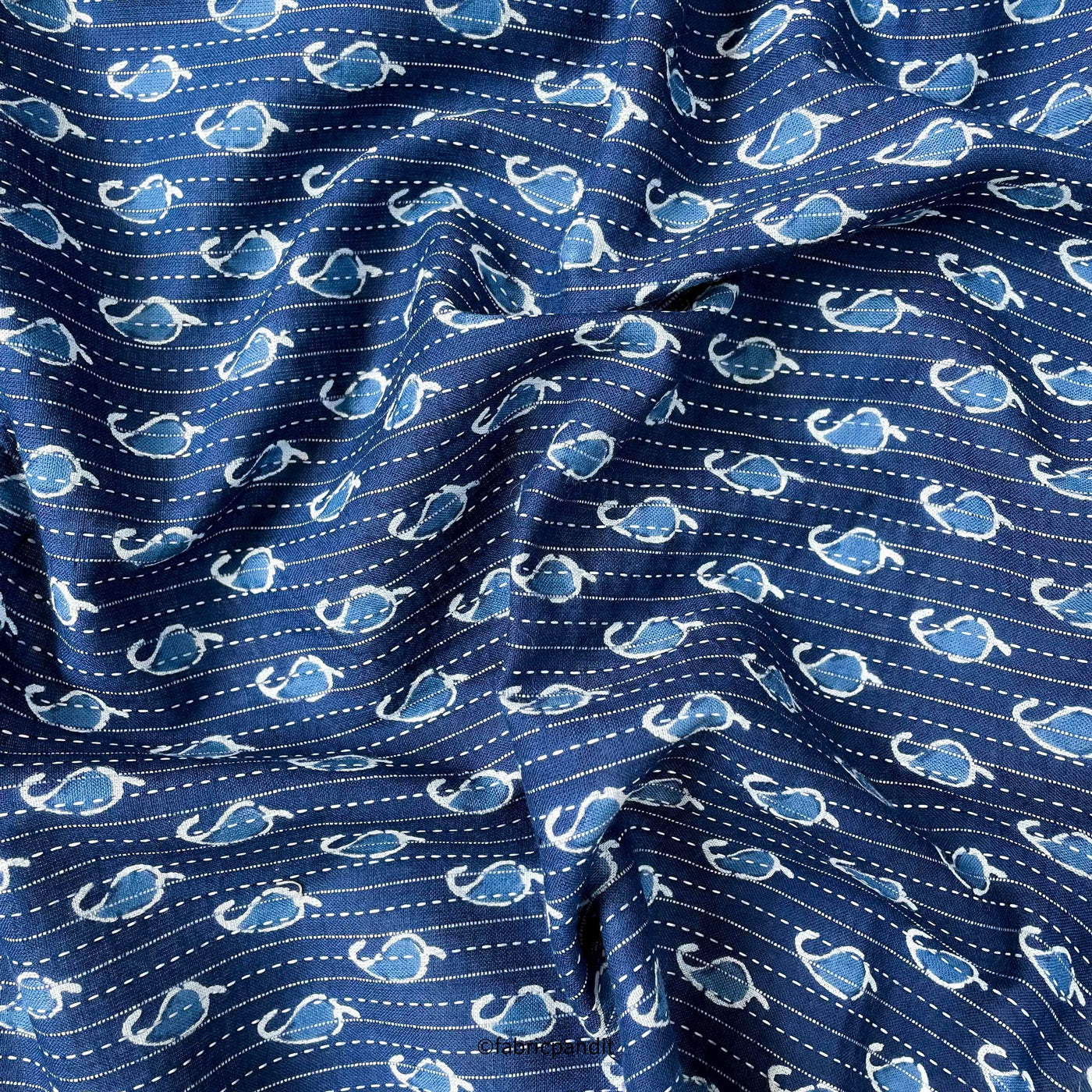 Hand Block Printed Cotton Fabric Cut Piece (CUT PIECE) Indigo Dabu Natural Dyed Blue Paisleys Woven Kantha Hand Block Printed Pure Cotton Fabric (Width 42 inches)