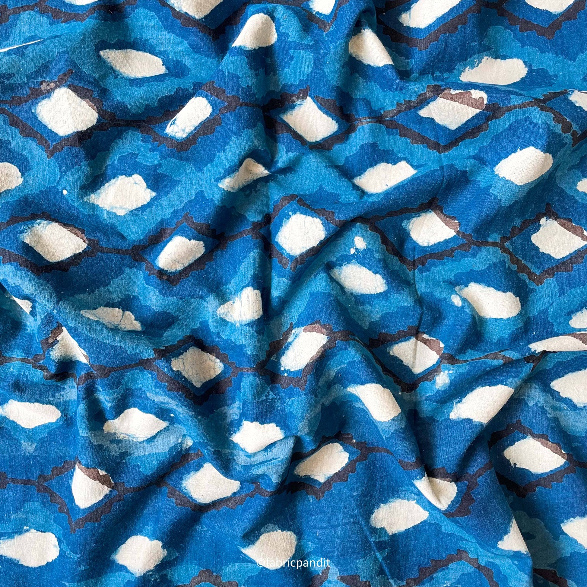 Hand Block Printed Cotton Fabric Cut Piece (CUT PIECE) Indigo Dabu Natural Dyed Diamond Pattern Hand Block Printed Pure Cotton Fabric (Width 42 inches)