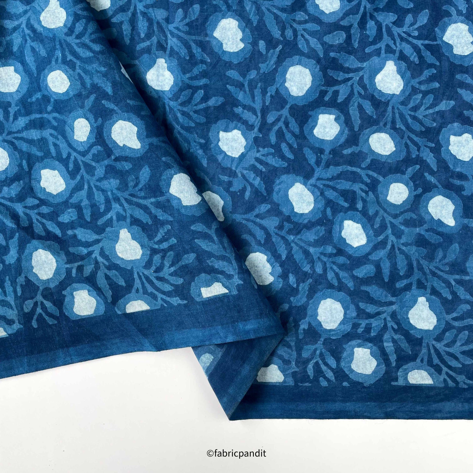 Hand Block Printed Cotton Fabric Cut Piece (CUT PIECE) Indigo Dabu Natural Dyed Floral Vines Hand Block Printed Pure Cotton Modal Fabric (Width 42 inches)