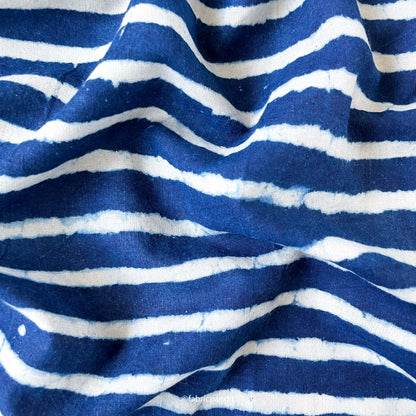 Hand Block Printed Cotton Fabric Cut Piece (CUT PIECE) Indigo Dabu Natural Dyed Stripes Hand Block Printed Pure Cotton Fabric (Width 42 inches)