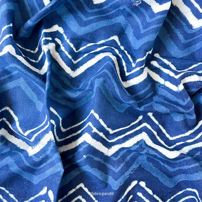 Hand Block Printed Cotton Fabric Cut Piece (CUT PIECE) Indigo Dabu Natural Dyed Zig-Zag Hand Block Printed Pure Cotton Fabric (Width 42 inches)