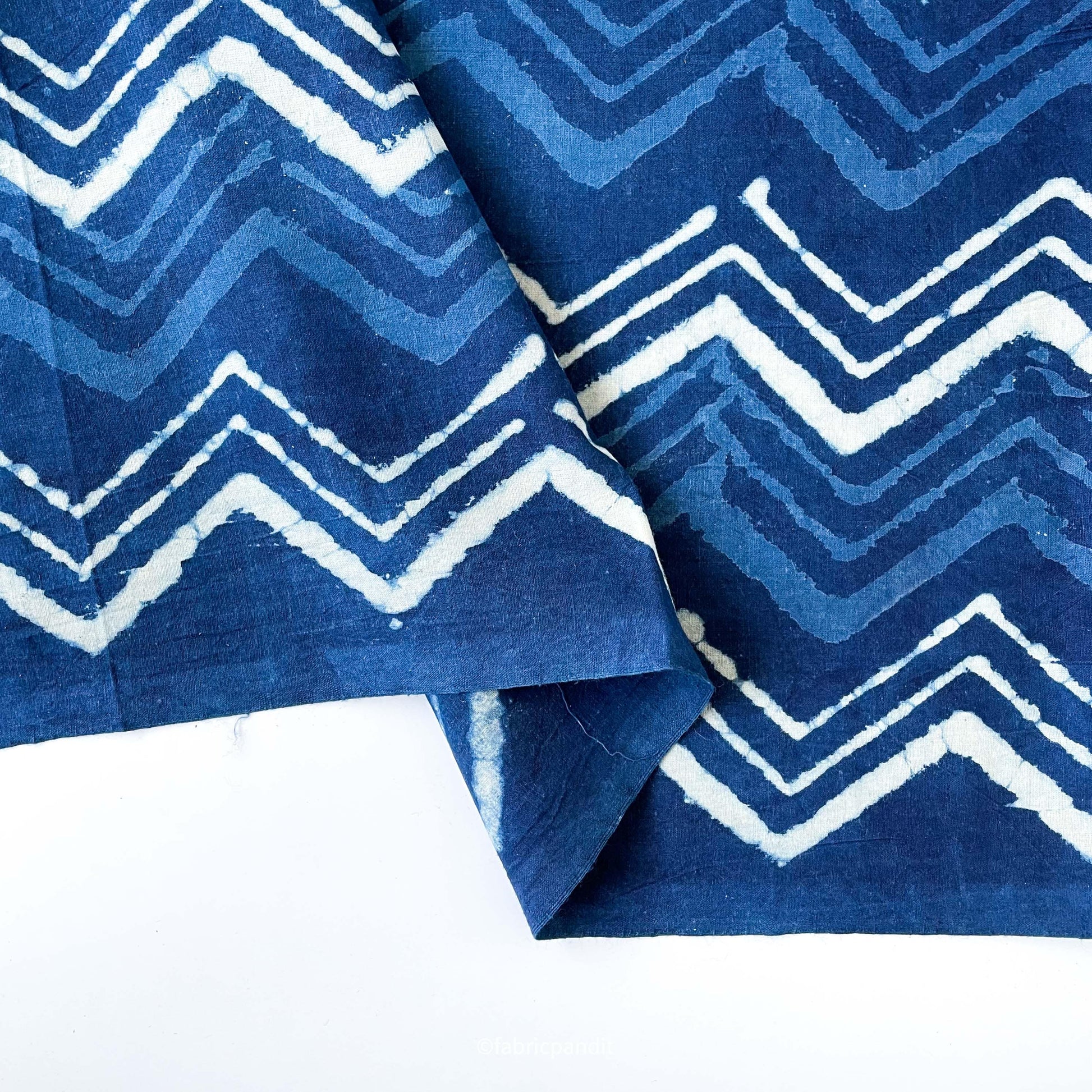 Hand Block Printed Cotton Fabric Cut Piece (CUT PIECE) Indigo Dabu Natural Dyed Zig-Zag Hand Block Printed Pure Cotton Fabric (Width 42 inches)