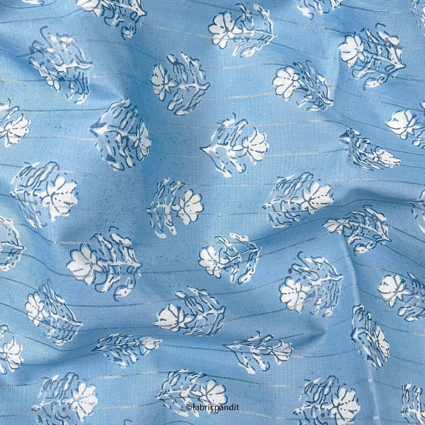 Hand Block Printed Cotton Fabric Cut Piece (CUT PIECE) Light Blue Mini Tulips Hand Block Printed With Lurex Pure Cotton Fabric (Width 42 inches)