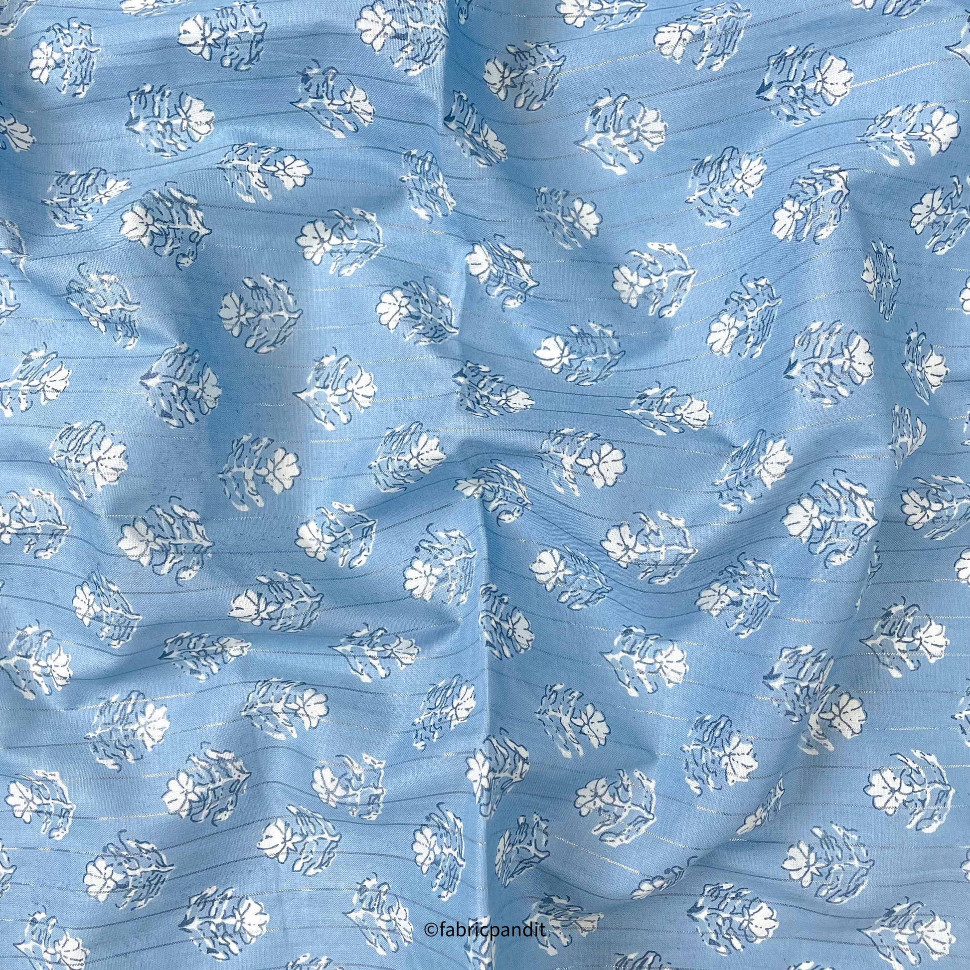 Hand Block Printed Cotton Fabric Cut Piece (CUT PIECE) Light Blue Mini Tulips Hand Block Printed With Lurex Pure Cotton Fabric (Width 42 inches)