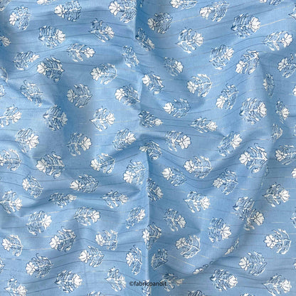 Hand Block Printed Cotton Fabric Cut Piece (CUT PIECE) Light Blue Mini Tulips Hand Block Printed With Lurex Pure Cotton Fabric (Width 42 inches)