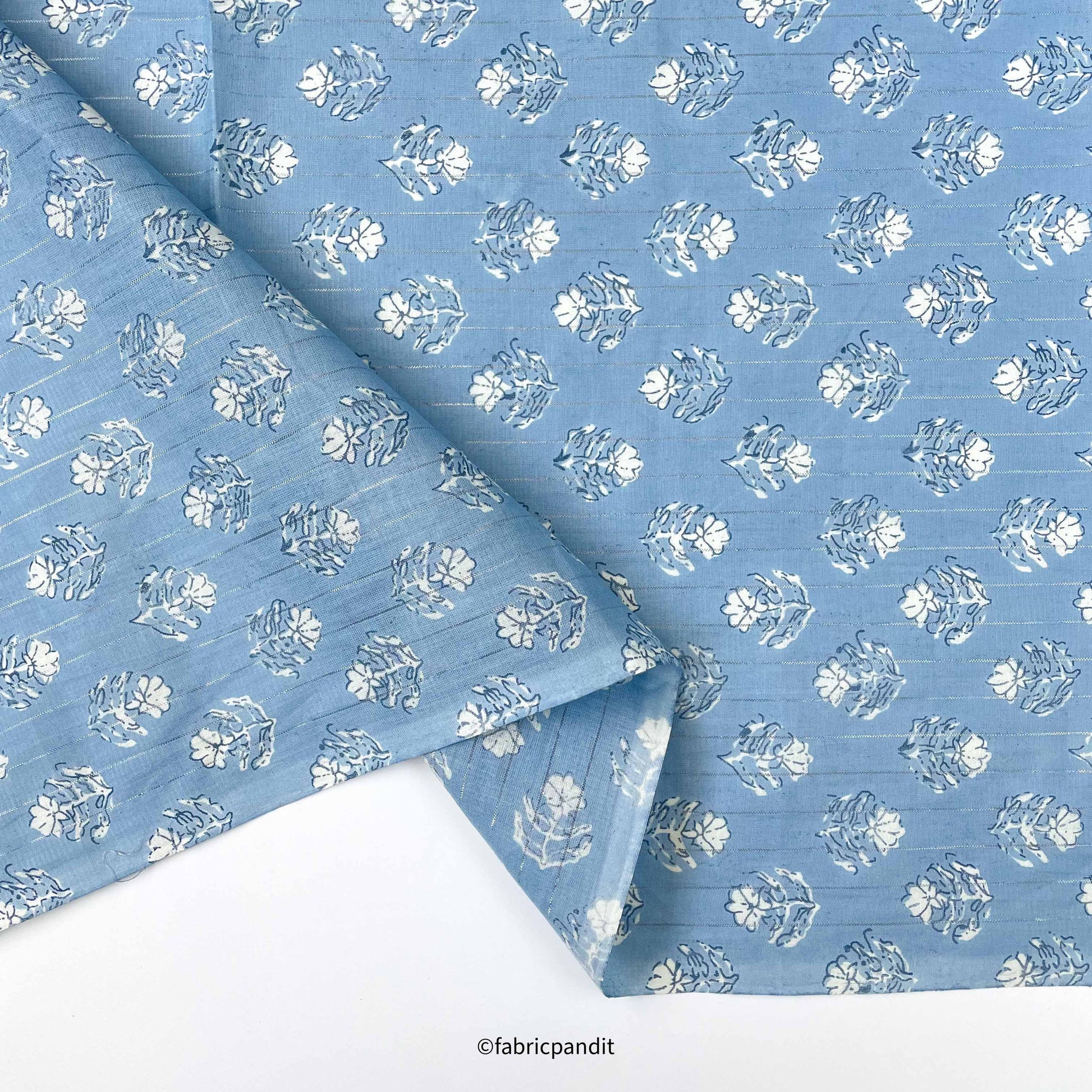 Hand Block Printed Cotton Fabric Cut Piece (CUT PIECE) Light Blue Mini Tulips Hand Block Printed With Lurex Pure Cotton Fabric (Width 42 inches)