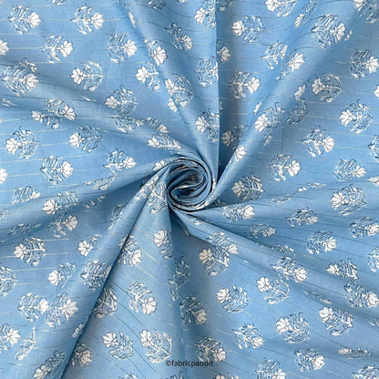 Hand Block Printed Cotton Fabric Cut Piece (CUT PIECE) Light Blue Mini Tulips Hand Block Printed With Lurex Pure Cotton Fabric (Width 42 inches)