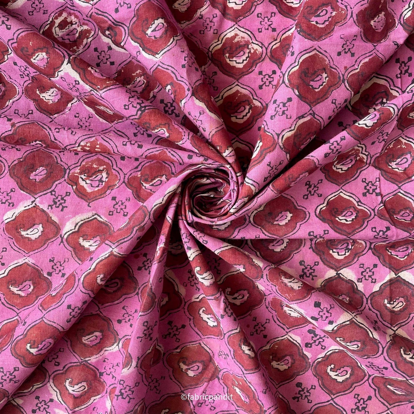 Hand Block Printed Cotton Fabric Cut Piece (CUT PIECE) Magenta Pink Arabian Jaal Hand Block Printed Pure Cotton Fabric (Width 42 inches)