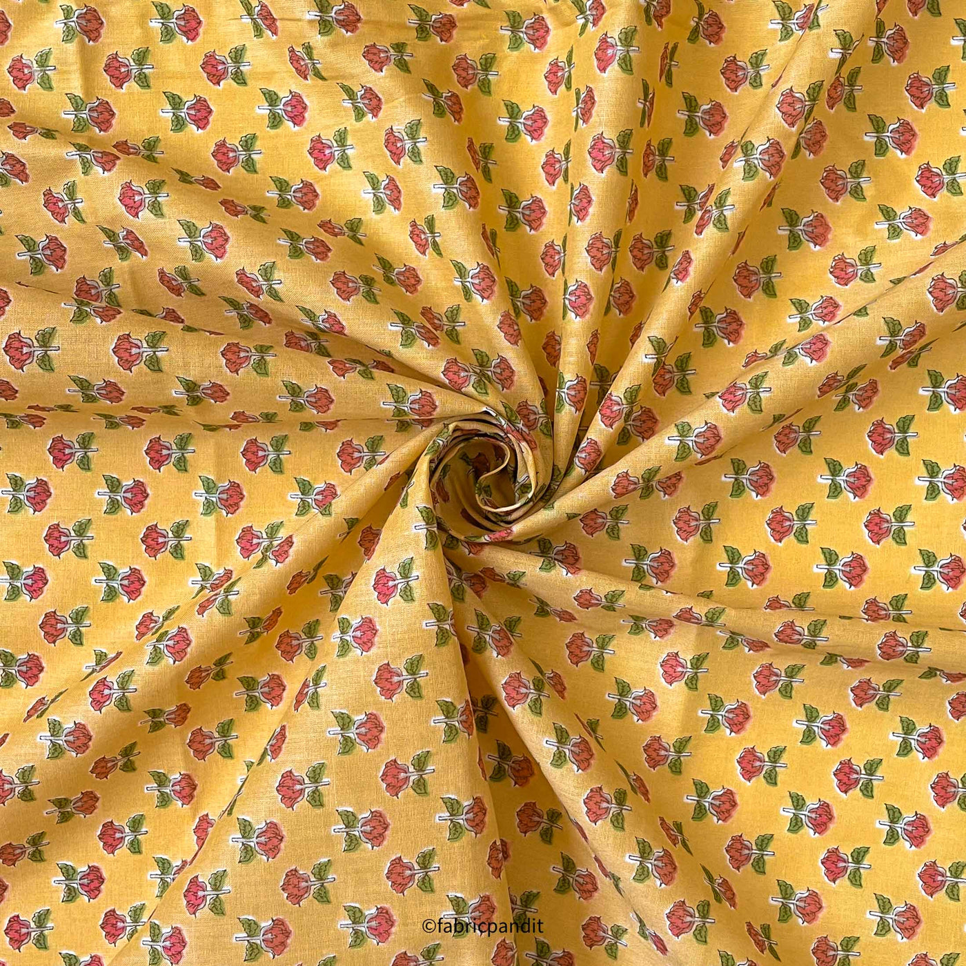 Hand Block Printed Cotton Fabric Cut Piece (CUT PIECE) Mango Yellow and Peach Mini Lilies Hand Block Printed Pure Cotton Fabric (Width 42 inches)