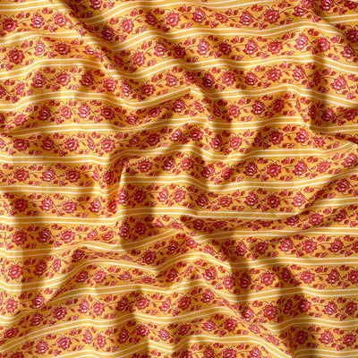 Hand Block Printed Cotton Fabric Cut Piece (CUT PIECE) Mango Yellow & Pink Mughal Floral Stripes Hand Block Printed Pure Cotton Cambric Fabric (Width 42 Inches)