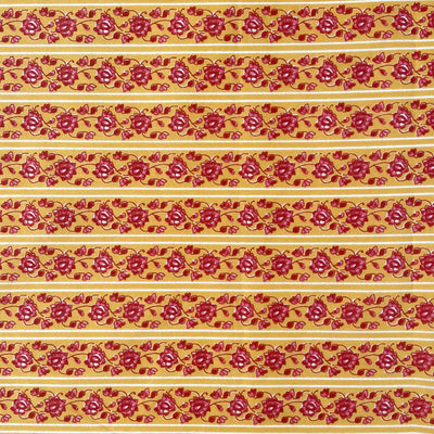 Hand Block Printed Cotton Fabric Cut Piece (CUT PIECE) Mango Yellow & Pink Mughal Floral Stripes Hand Block Printed Pure Cotton Cambric Fabric (Width 42 Inches)