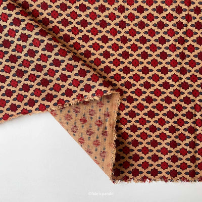 Hand Block Printed Cotton Fabric Cut Piece (CUT PIECE) Maroon & Beige Artistic Mughal Flora Hand Block Printed Pure Cotton Silk Fabric (Width 42 Inches)