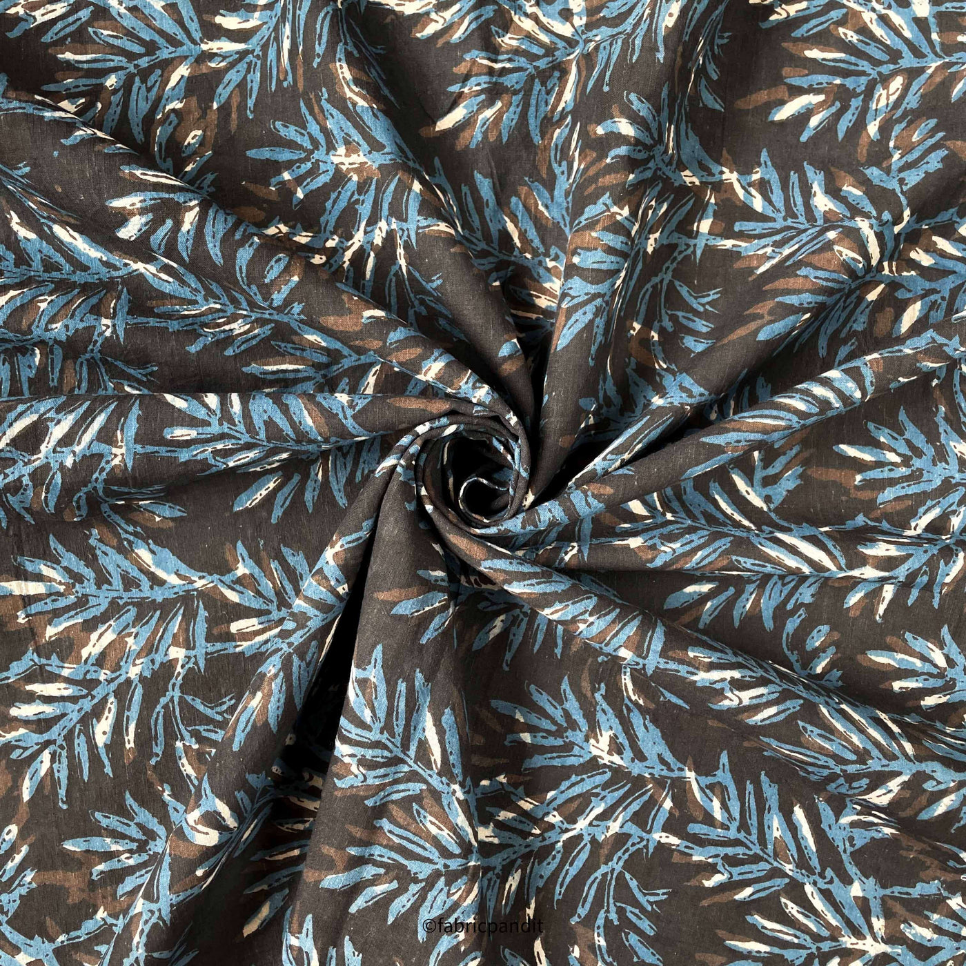 Hand Block Printed Cotton Fabric Cut Piece (CUT PIECE) Mud Brown and Blue Forest Leaves Pure Ajrakh Natural Dyed Hand Block Printed Pure Cotton Fabric (Width 42 inches)