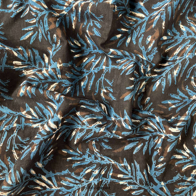 Hand Block Printed Cotton Fabric Cut Piece (CUT PIECE) Mud Brown and Blue Forest Leaves Pure Ajrakh Natural Dyed Hand Block Printed Pure Cotton Fabric (Width 42 inches)