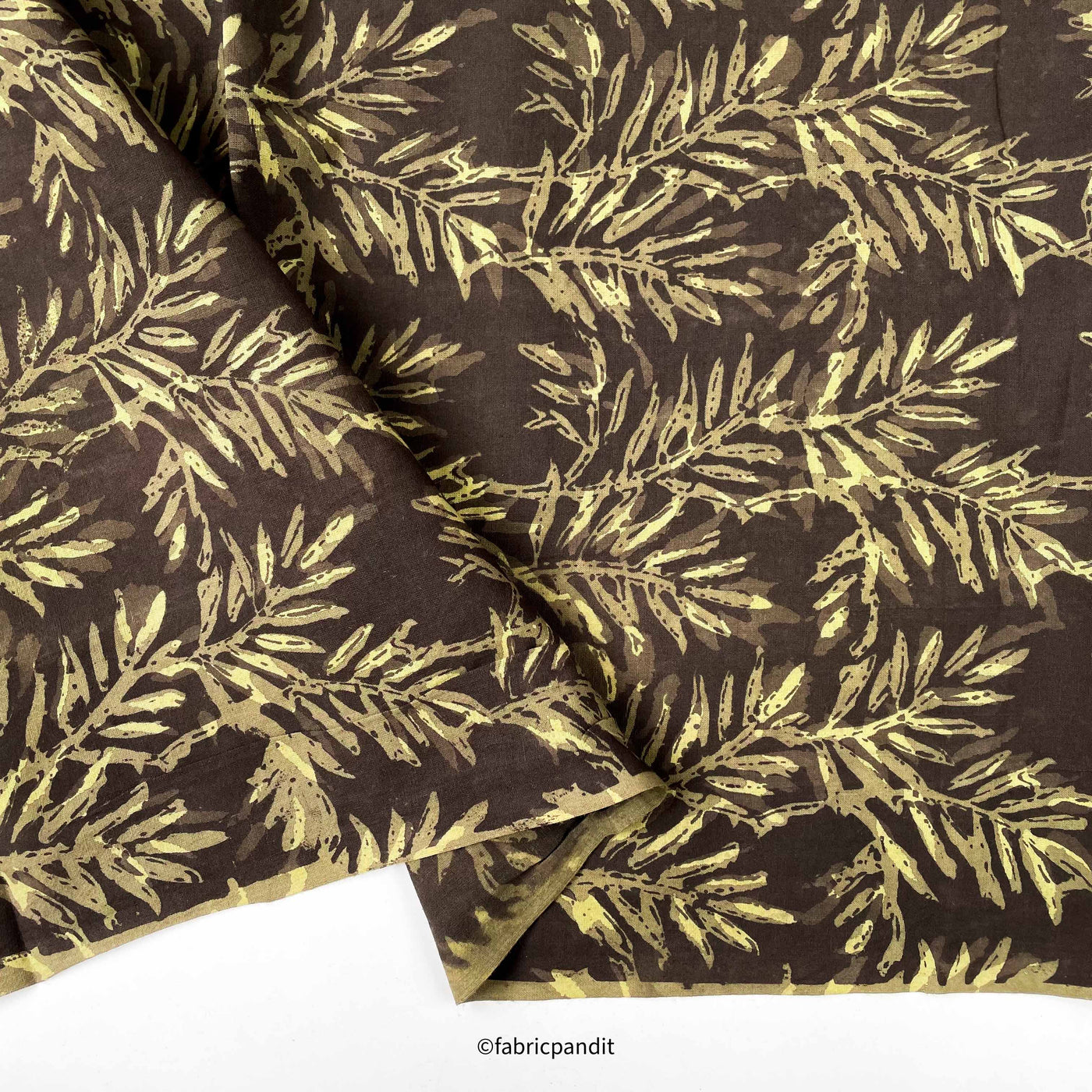 Hand Block Printed Cotton Fabric Cut Piece (CUT PIECE) Mud Brown and Green Forest Leaves Pure Ajrakh Natural Dyed Hand Block Printed Pure Cotton Fabric (Width 42 inches)