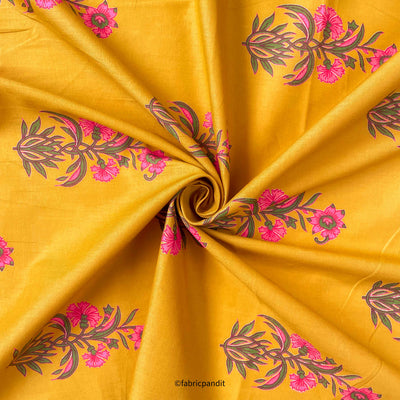 Hand Block Printed Cotton Fabric Cut Piece (CUT PIECE) Mustard & Pink Daffodil Bunch Hand Block Printed Pure Cotton Fabric (Width 42 inches)