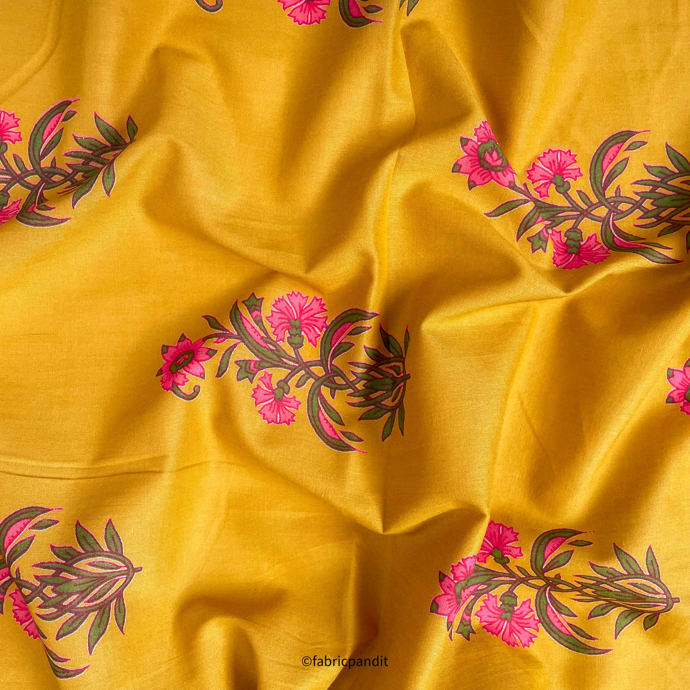 Hand Block Printed Cotton Fabric Cut Piece (CUT PIECE) Mustard & Pink Daffodil Bunch Hand Block Printed Pure Cotton Fabric (Width 42 inches)