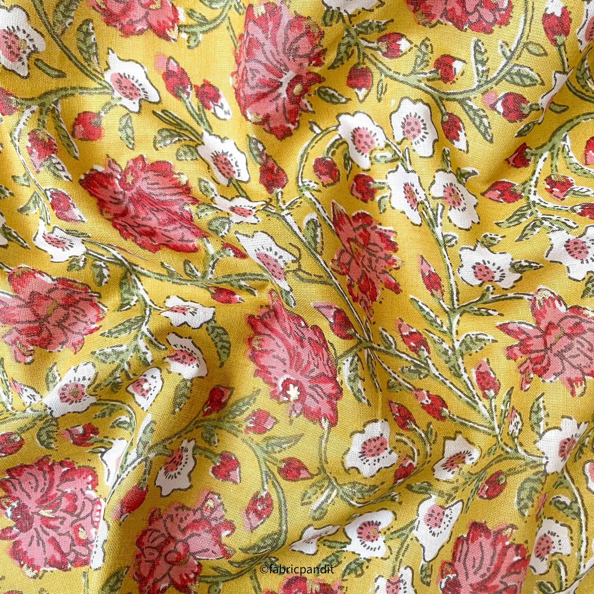 Hand Block Printed Cotton Fabric Cut Piece (CUT PIECE) Mustard Yellow & Rose Pink Garden of Hibiscus Hand Block Printed With Foil Pure Cotton Fabric (Width 42 inches)