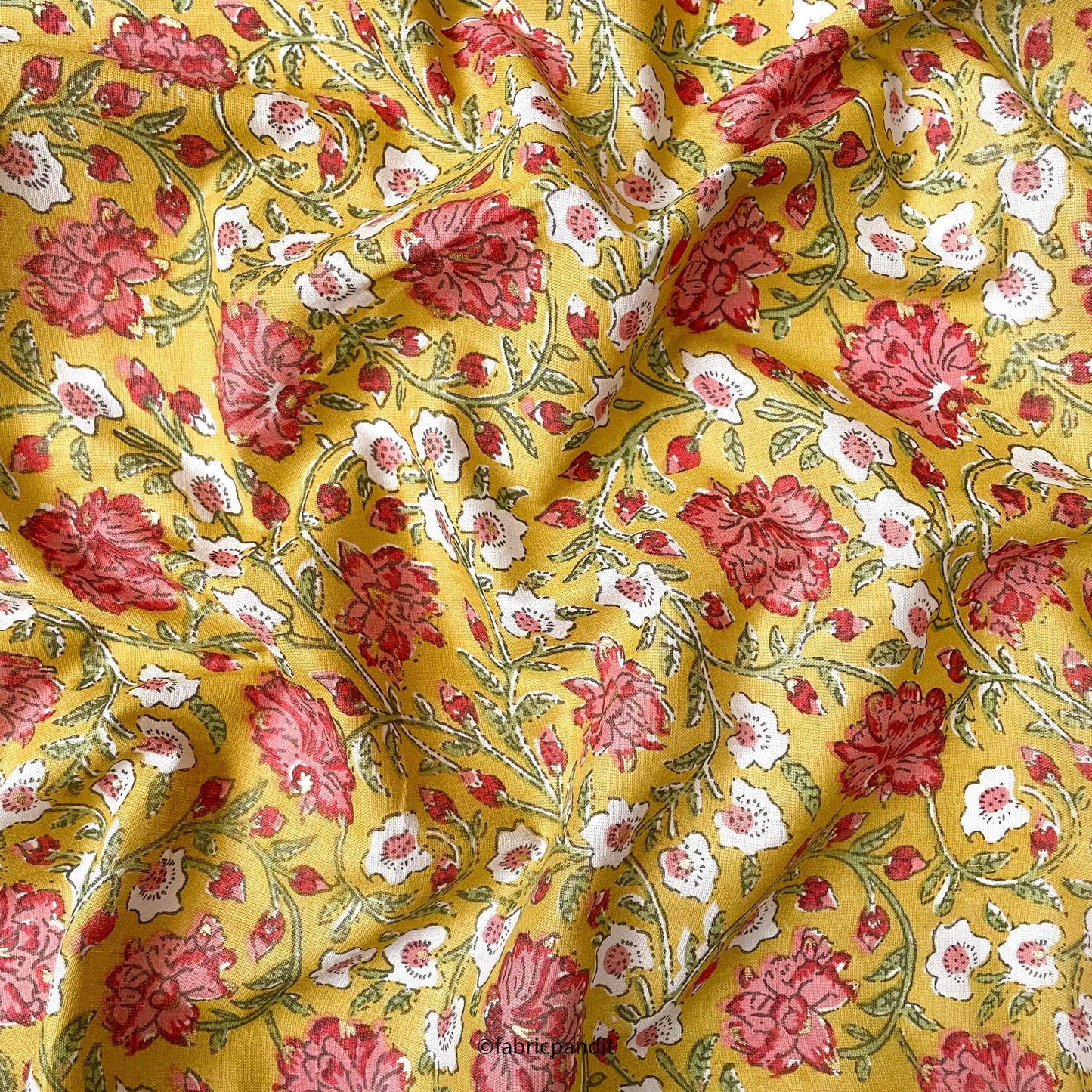 Hand Block Printed Cotton Fabric Cut Piece (CUT PIECE) Mustard Yellow & Rose Pink Garden of Hibiscus Hand Block Printed With Foil Pure Cotton Fabric (Width 42 inches)