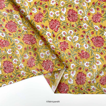 Hand Block Printed Cotton Fabric Cut Piece (CUT PIECE) Mustard Yellow & Rose Pink Garden of Hibiscus Hand Block Printed With Foil Pure Cotton Fabric (Width 42 inches)