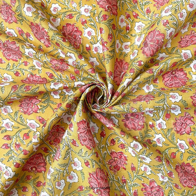 Hand Block Printed Cotton Fabric Cut Piece (CUT PIECE) Mustard Yellow & Rose Pink Garden of Hibiscus Hand Block Printed With Foil Pure Cotton Fabric (Width 42 inches)