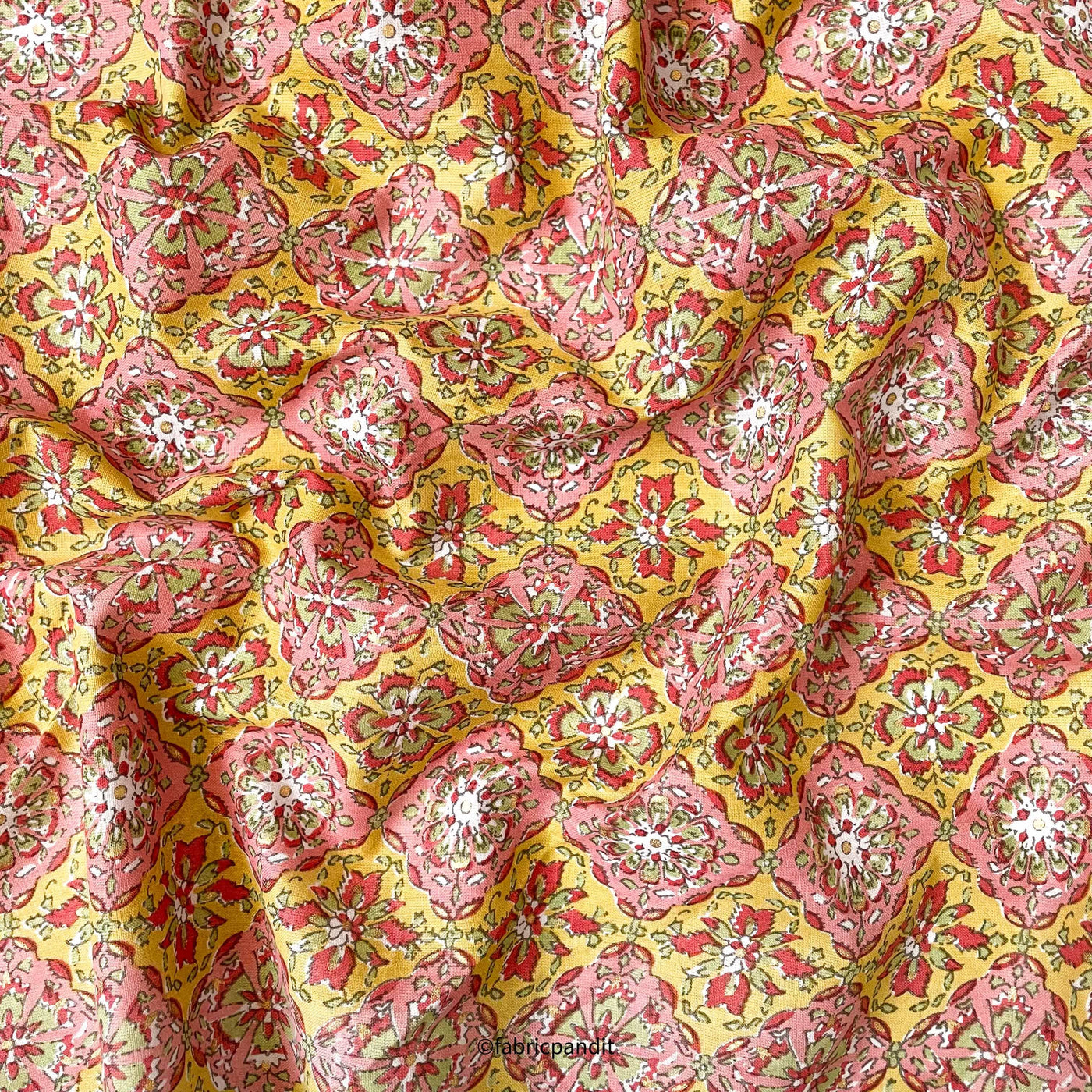 Hand Block Printed Cotton Fabric Cut Piece (CUT PIECE) Mustard Yellow & Rose Pink Geometric Floral Hand Block Printed With Foil Pure Cotton Fabric (Width 42 inches)