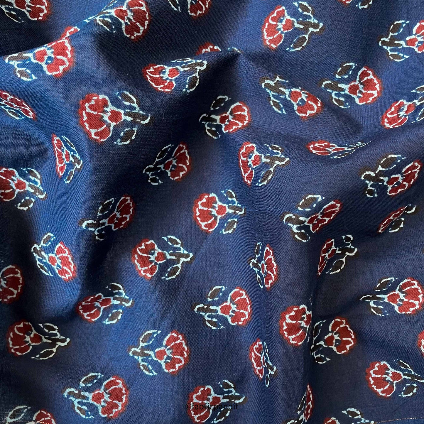 Hand Block Printed Cotton Fabric Cut Piece (CUT PIECE) Navy Blue & Red Mini Tulips Hand Block Printed Pure Cotton Fabric (Width 42 inches)