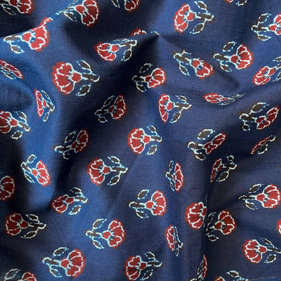 Hand Block Printed Cotton Fabric Cut Piece (CUT PIECE) Navy Blue & Red Mini Tulips Hand Block Printed Pure Cotton Fabric (Width 42 inches)