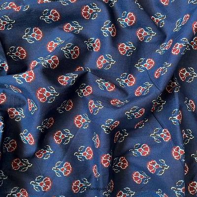 Hand Block Printed Cotton Fabric Cut Piece (CUT PIECE) Navy Blue & Red Mini Tulips Hand Block Printed Pure Cotton Fabric (Width 42 inches)