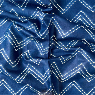 Hand Block Printed Cotton Fabric Cut Piece (CUT PIECE) Navy Blue & White Zig-Zag Batik Natural Dyed Hand Block Printed Pure Cotton Fabric (Width 42 inches)
