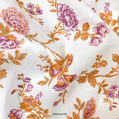 Hand Block Printed Cotton Fabric Cut Piece (CUT PIECE) Ocher & Purple Rose Garden Hand Block Printed Pure Cotton Fabric (Width 42 inches)
