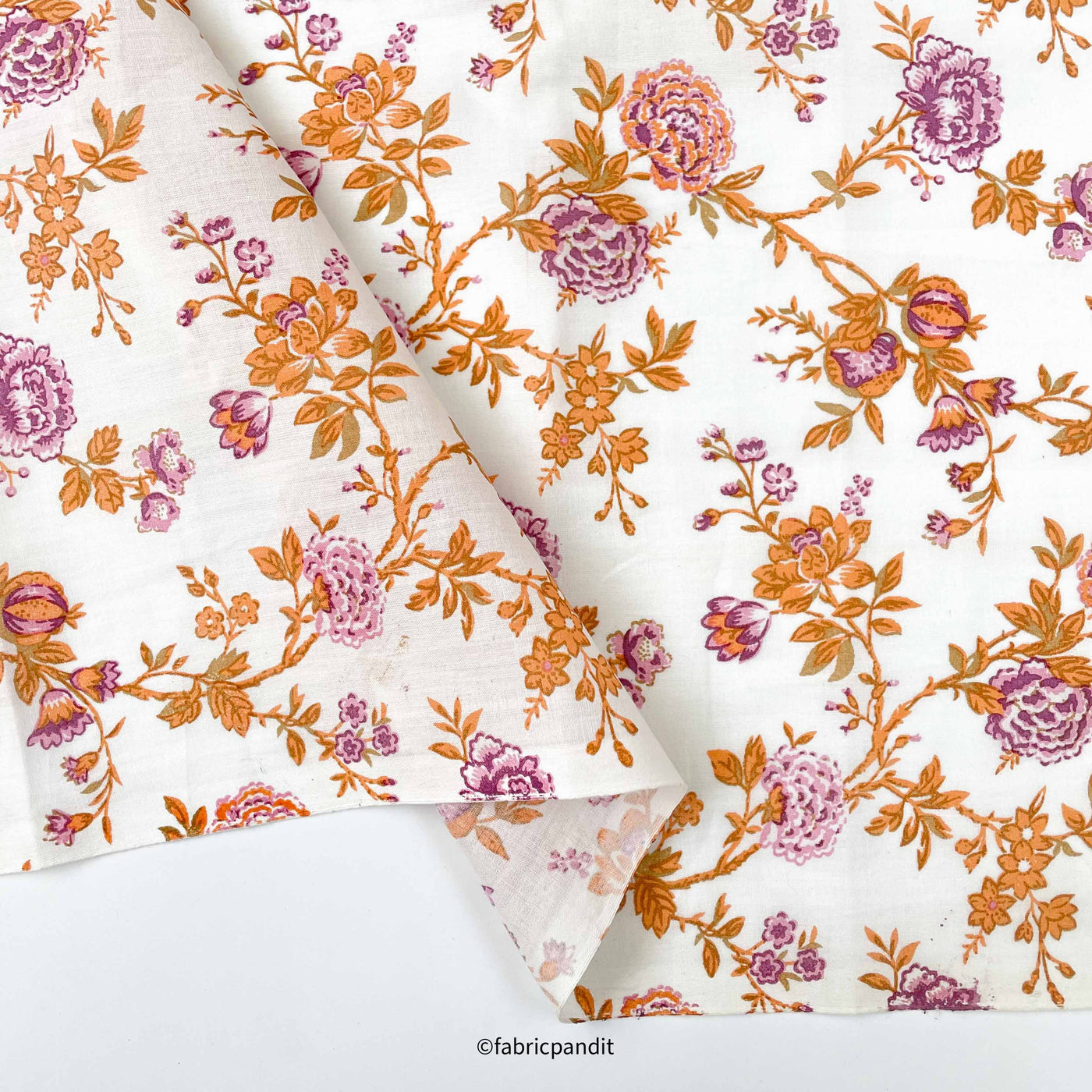 Hand Block Printed Cotton Fabric Cut Piece (CUT PIECE) Ocher & Purple Rose Garden Hand Block Printed Pure Cotton Fabric (Width 42 inches)