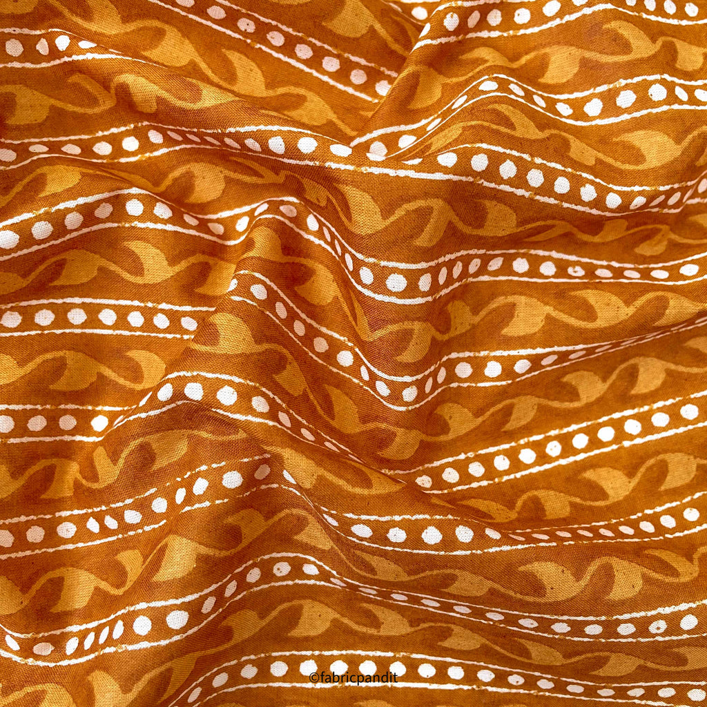 Hand Block Printed Cotton Fabric Cut Piece (CUT PIECE) Ocher & White Abstract Stripes Hand Block Printed Pure Cotton Fabric (Width 42 inches)