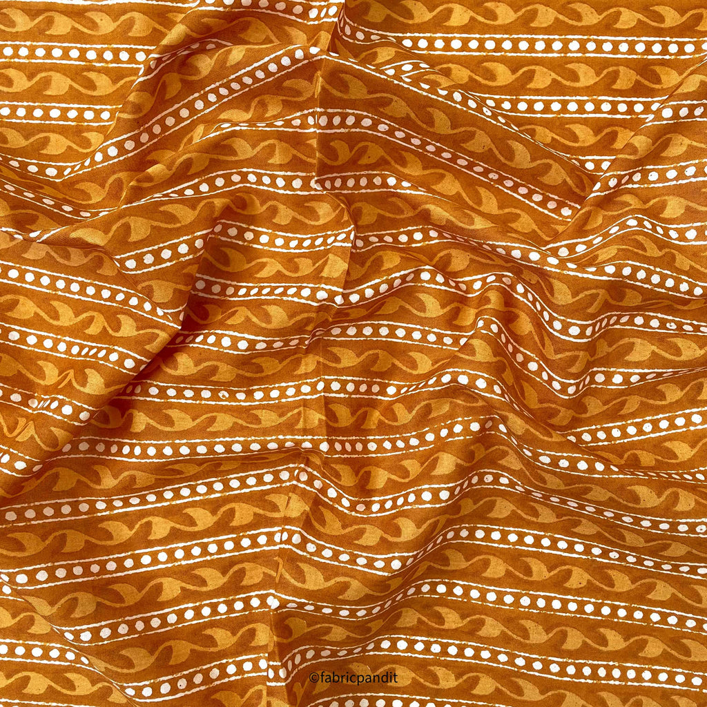 Hand Block Printed Cotton Fabric Cut Piece (CUT PIECE) Ocher & White Abstract Stripes Hand Block Printed Pure Cotton Fabric (Width 42 inches)