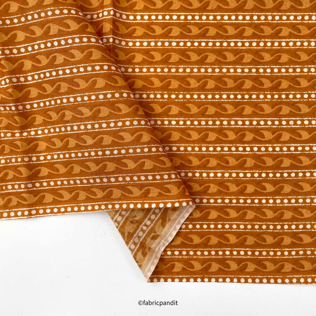 Hand Block Printed Cotton Fabric Cut Piece (CUT PIECE) Ocher & White Abstract Stripes Hand Block Printed Pure Cotton Fabric (Width 42 inches)