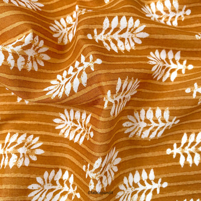 Hand Block Printed Cotton Fabric Cut Piece (CUT PIECE) Ocher & White Leaves & Stripes Hand Block Printed Pure Cotton Fabric (Width 42 inches)