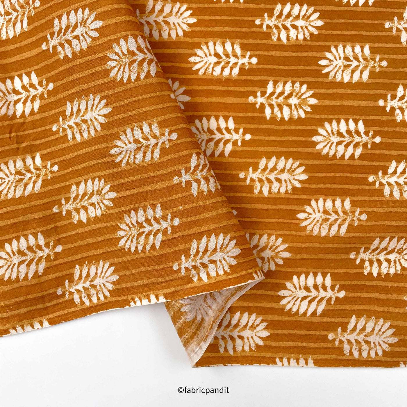 Hand Block Printed Cotton Fabric Cut Piece (CUT PIECE) Ocher & White Leaves & Stripes Hand Block Printed Pure Cotton Fabric (Width 42 inches)